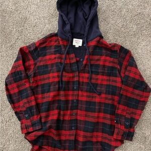 American Eagle Outfitters Red and Blue Plaid Shirt with Hood